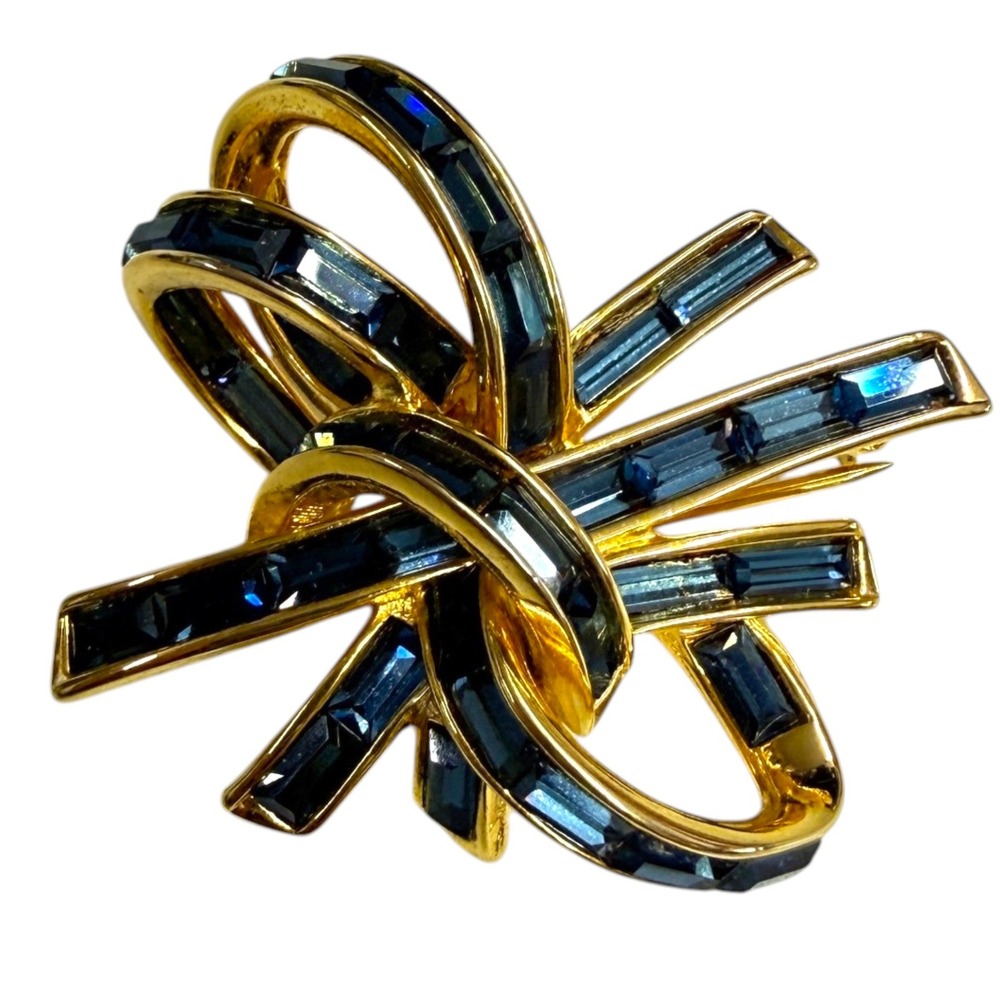 Vintage Nolan Miller Sapphire Blue Baguette Crystal Ribbon Bow Brooch Pin Signed